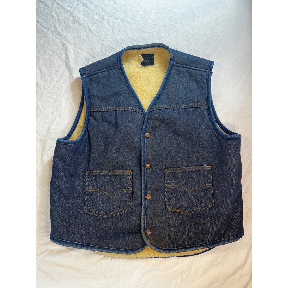 Vintage Roebucks Sears Denim Vest Sherpa Lined Blue Western Workwear Mens Large